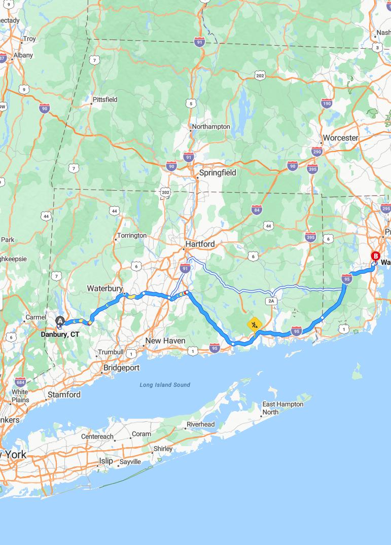 driving from Danbury, Connecticut to WarwickRhode Island - map and route