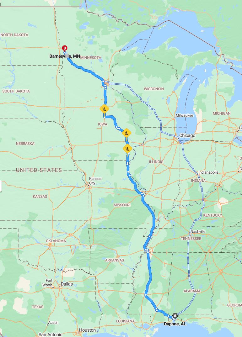 driving from Daphne, Alabama to BarnesvilleMinnesota - map and route