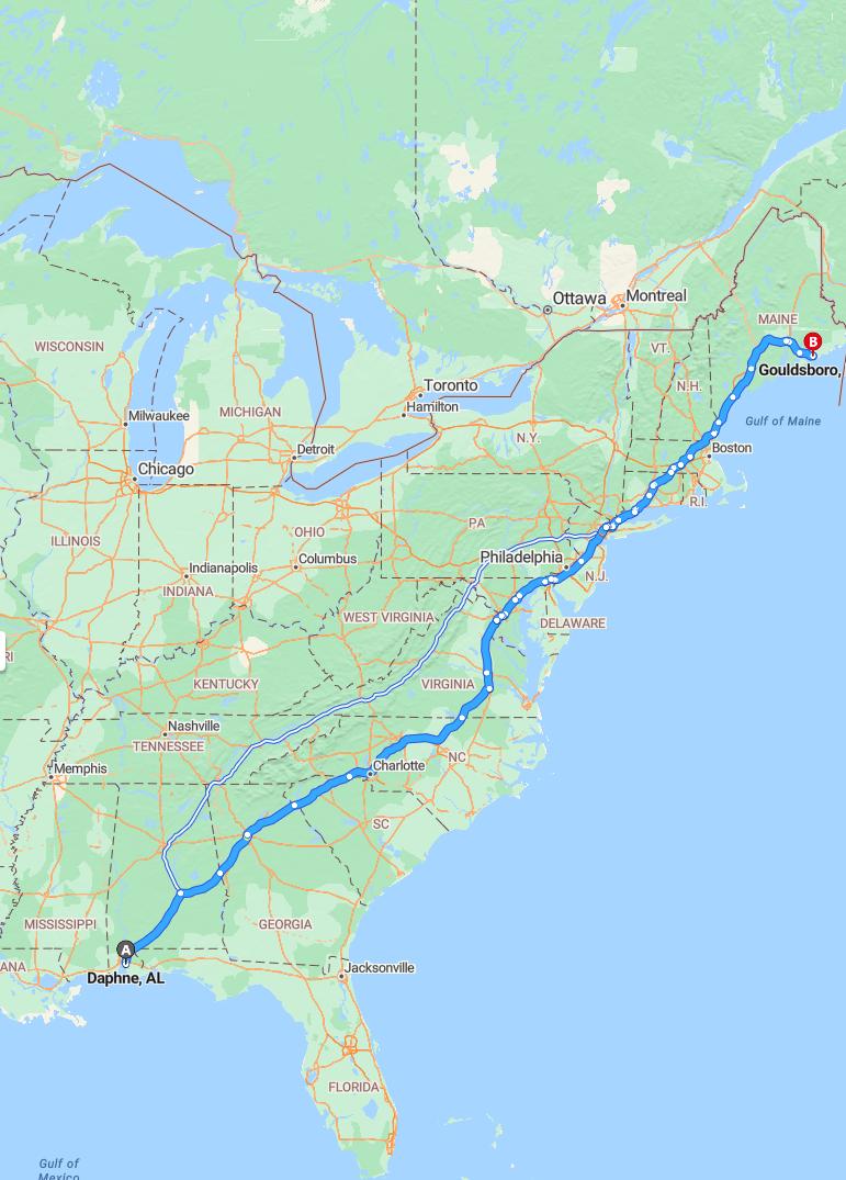 driving from Daphne, Alabama to GouldsboroMaine - map and route