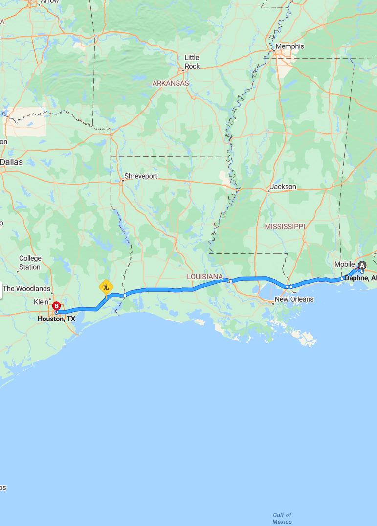 driving from Daphne, Alabama to HoustonTexas - map and route