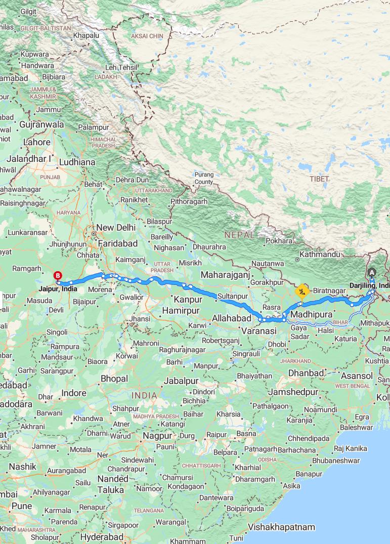 driving from Darjeeling, West Bengal to JaipurRajasthan - map and route