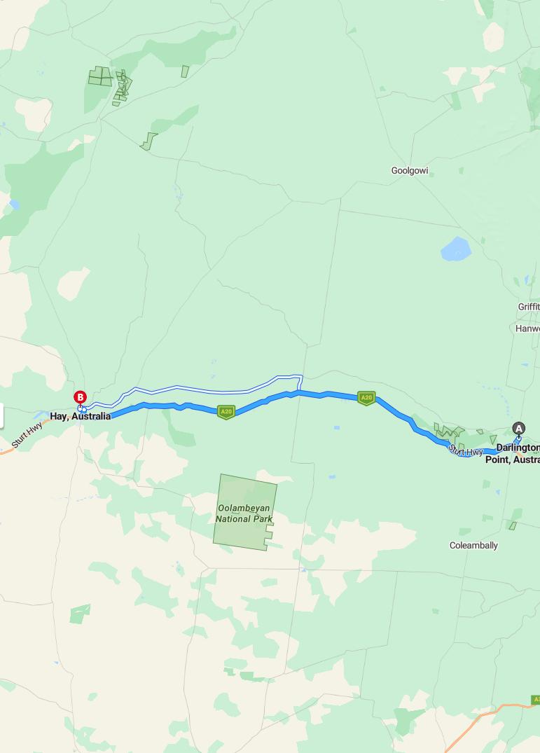 driving from Darlington Point, New South Wales to HayNew South Wales - map and route