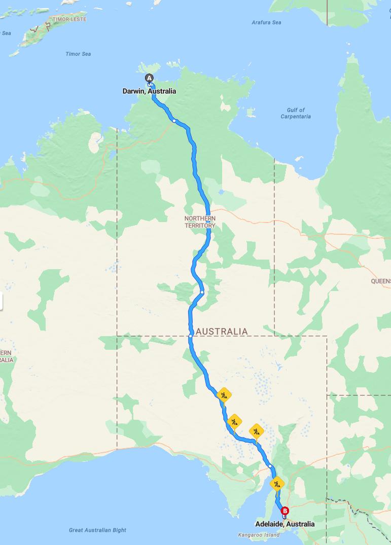 driving from Darwin, Northern Territory to AdelaideSouth Australia - map and route