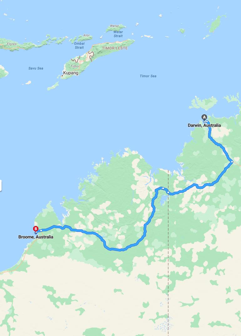 driving from Darwin, Northern Territory to BroomeWestern Australia - map and route