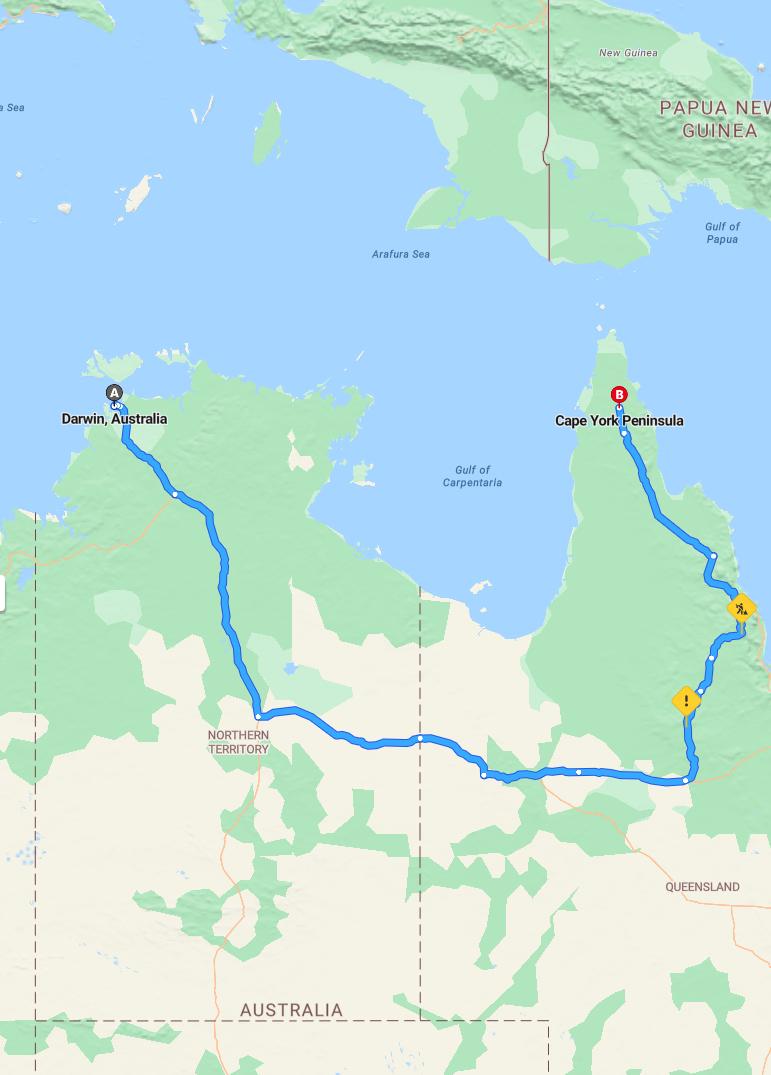 driving from Darwin, Northern Territory to Cape YorkQueensland - map and route