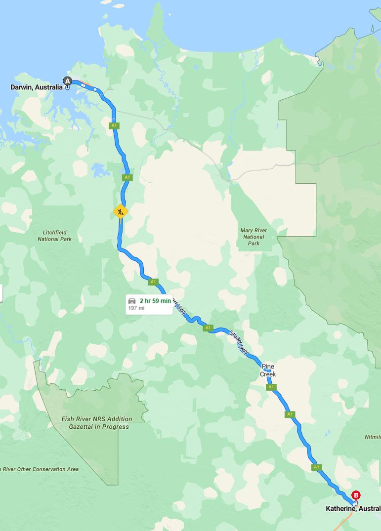 driving from Darwin, Northern Territory to KatherineNorthern Territory - map and route