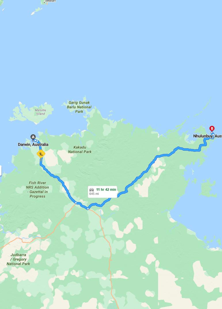 driving from Darwin, Northern Territory to NhulunbuyNorthern Territory - map and route