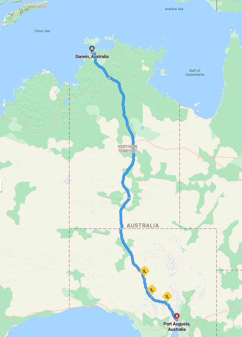 driving from Darwin, Northern Territory to Port AugustaSouth Australia - map and route
