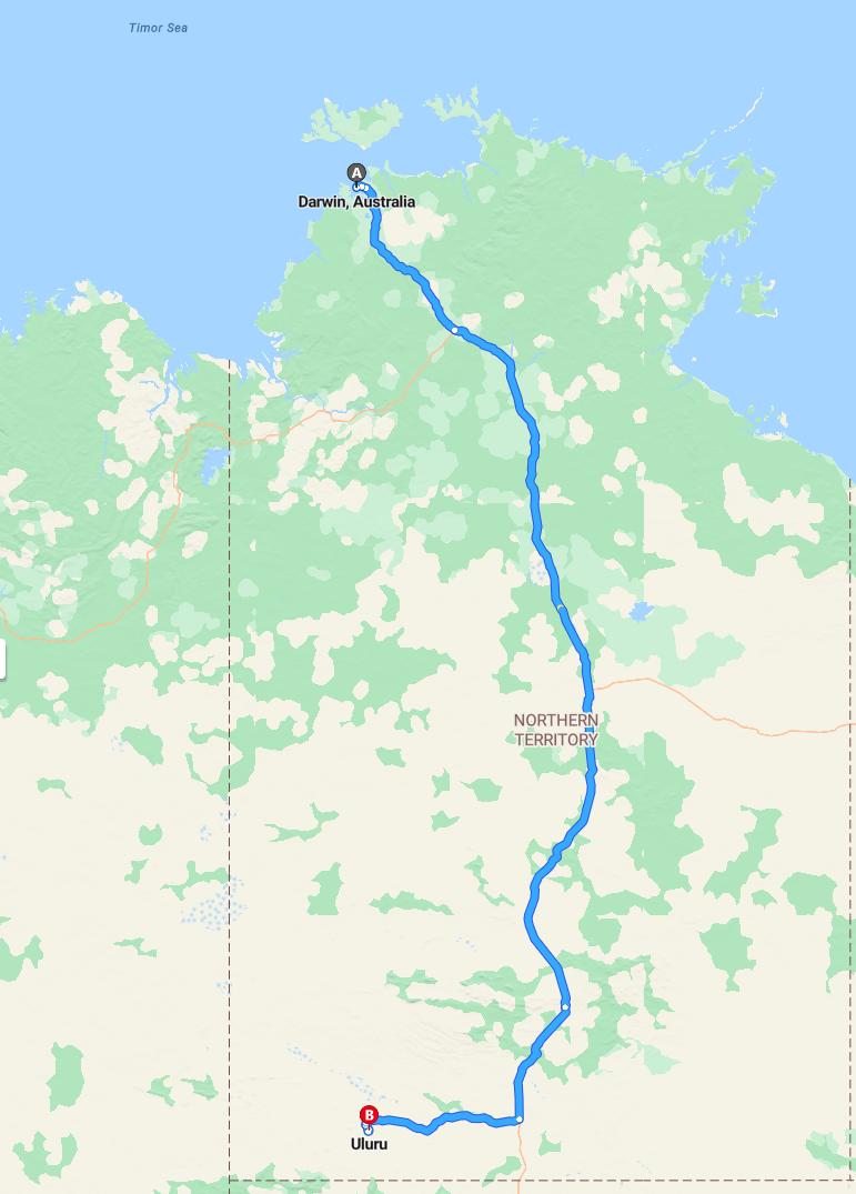 driving from Darwin, Northern Territory to UluruNorthern Territory - map and route