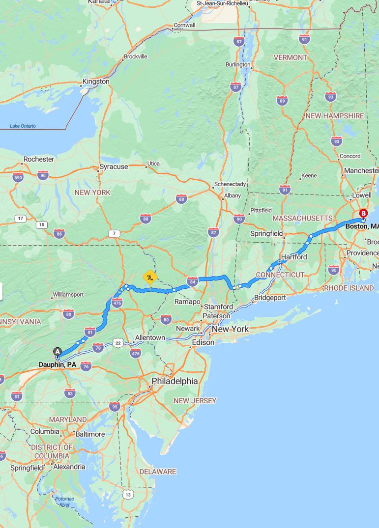 driving from Dauphin, Pennsylvania to BostonMassachusetts - map and route