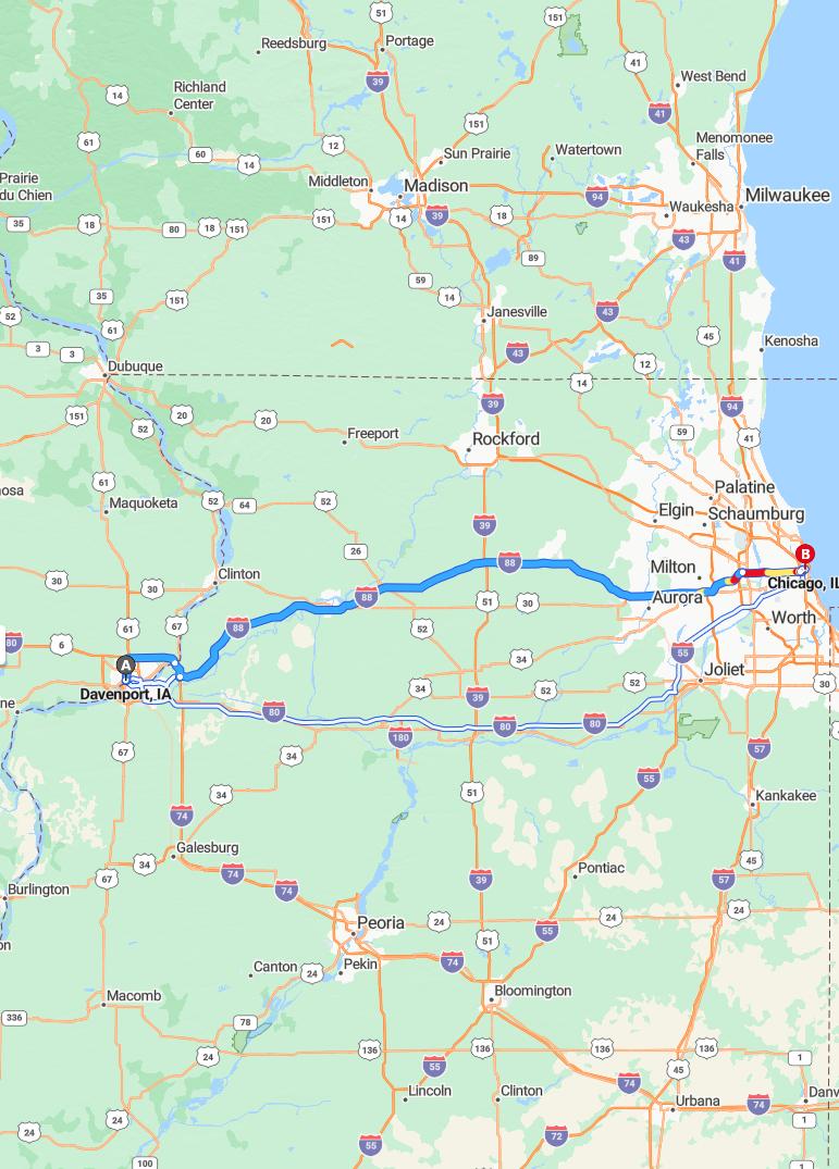 driving from Davenport, Iowa to ChicagoIllinois - map and route