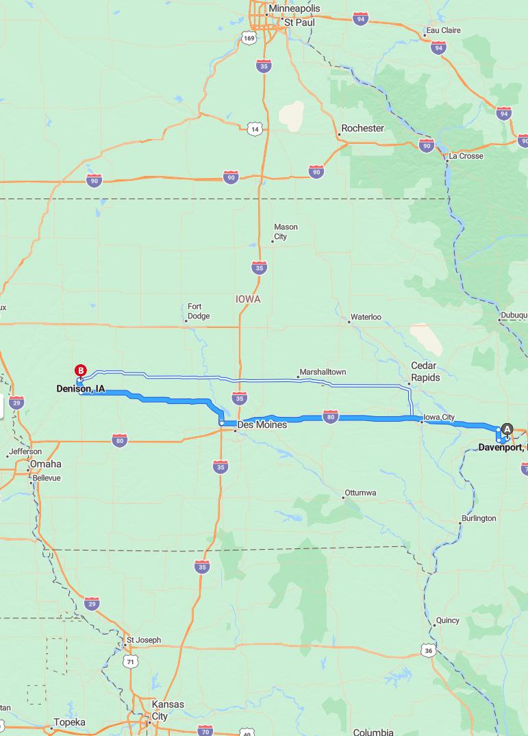 driving from Davenport, Iowa to DenisonIowa - map and route