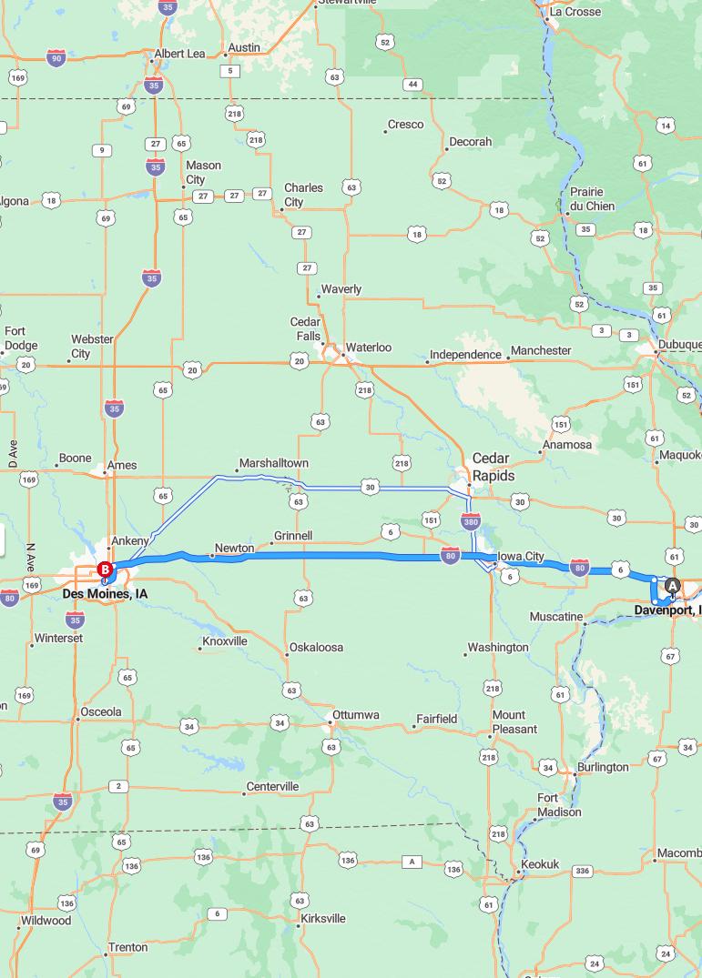 driving from Davenport, Iowa to Des MoinesIowa - map and route