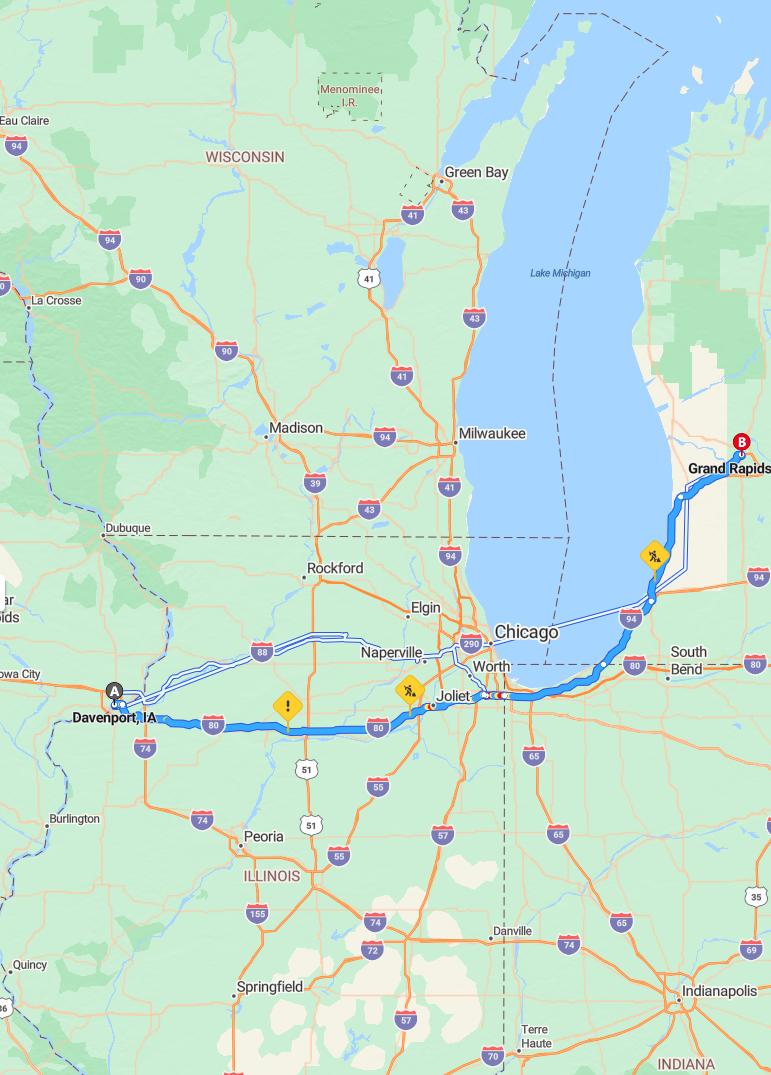 driving from Davenport, Iowa to Grand RapidsMichigan - map and route