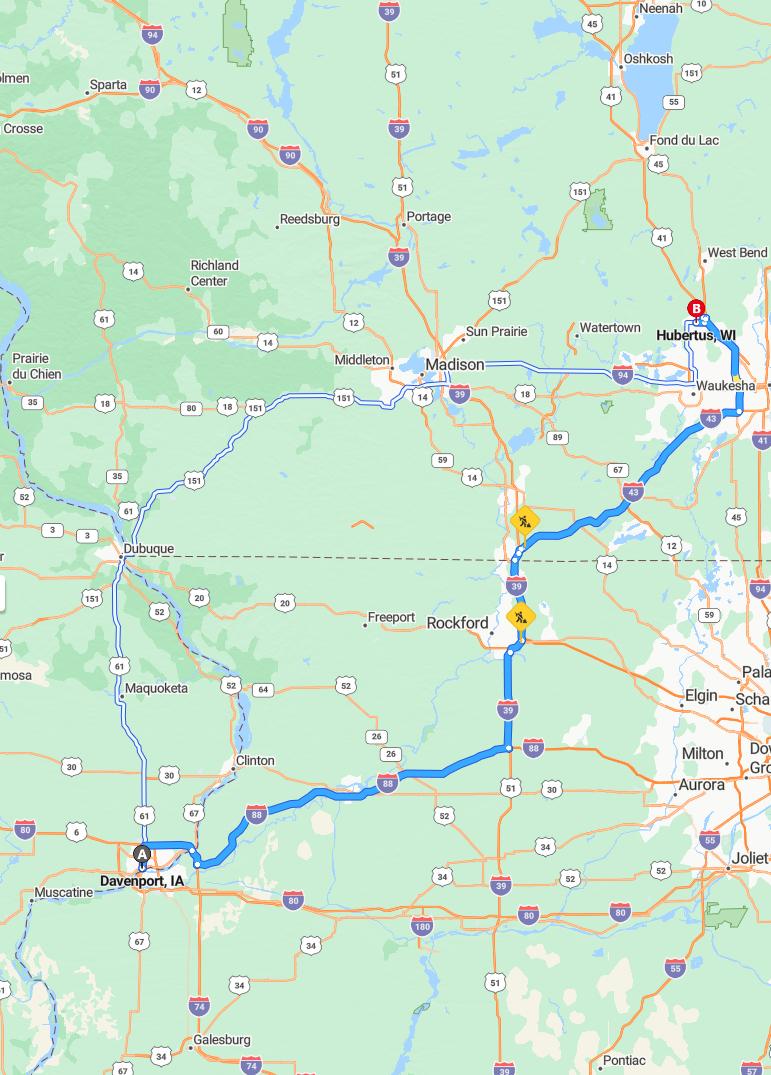 driving from Davenport, Iowa to HubertusWisconsin - map and route