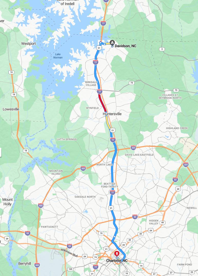 driving from Davidson, North Carolina to CharlotteNorth Carolina - map and route