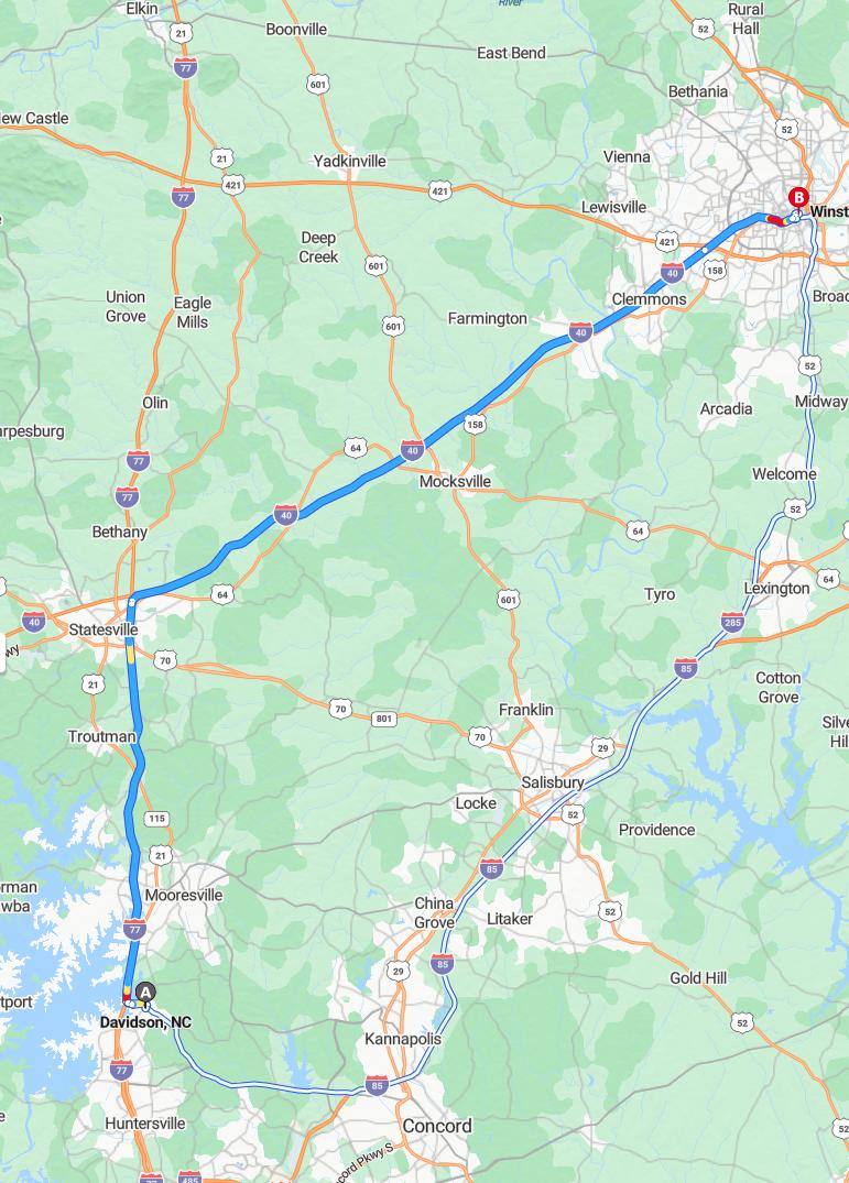 driving from Davidson, North Carolina to Winston-SalemNorth Carolina - map and route