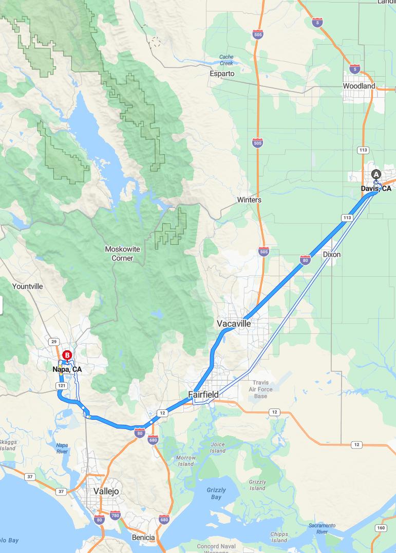driving from Davis, California to NapaCalifornia - map and route