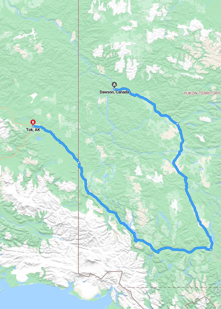 driving from Dawson City, Yukon to TokAlaska - map and route