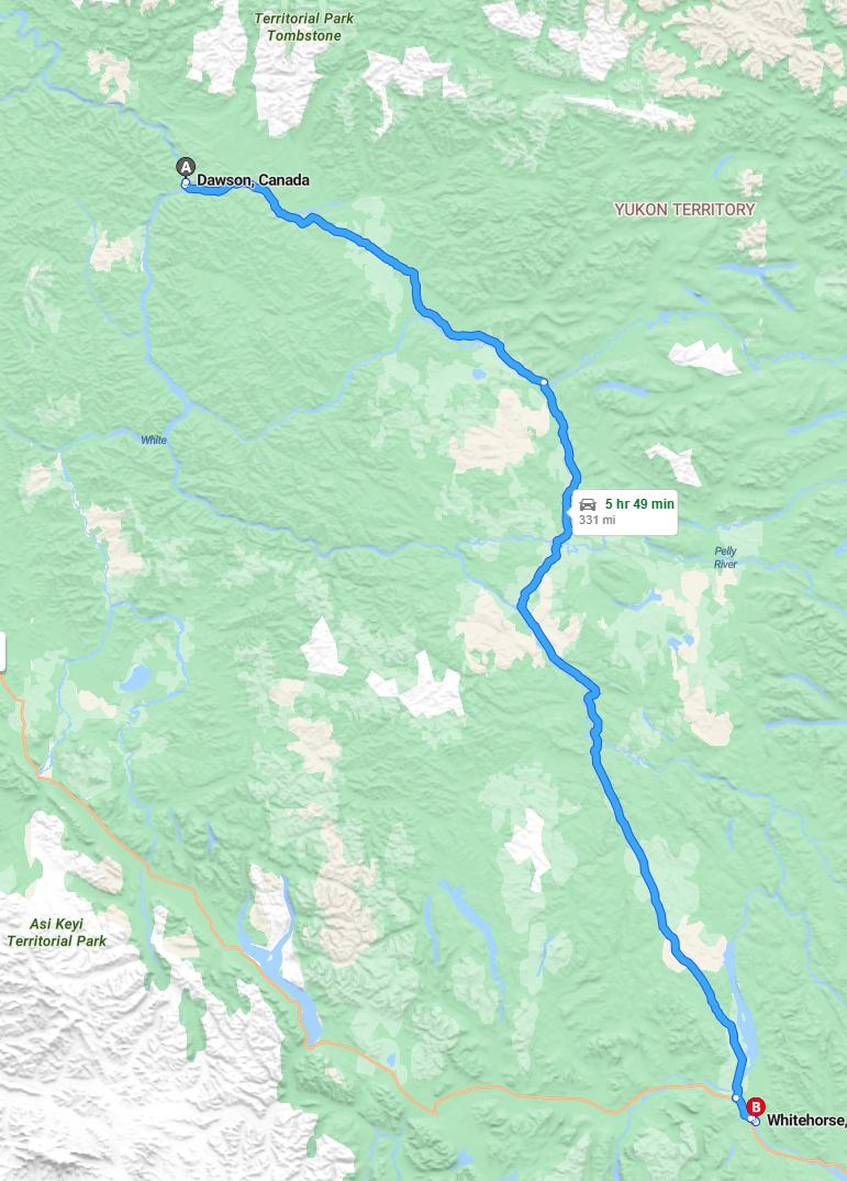 driving from Dawson City, Yukon to WhitehorseYukon - map and route