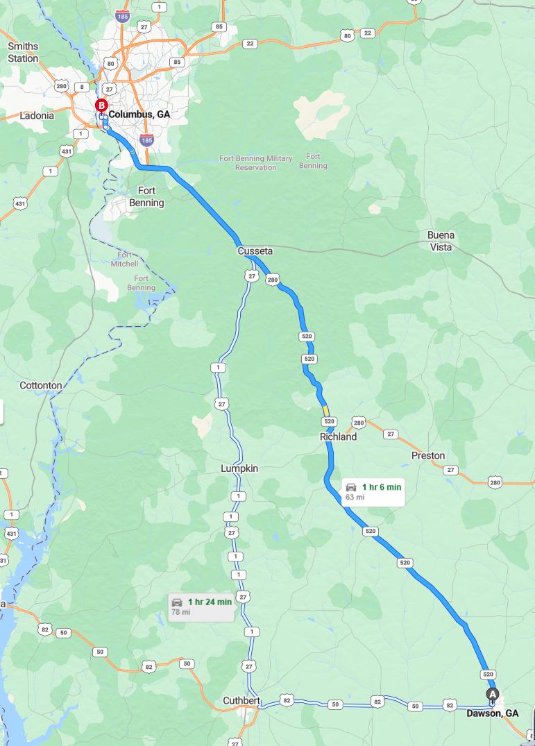 driving from Dawson, Georgia to ColumbusGeorgia - map and route