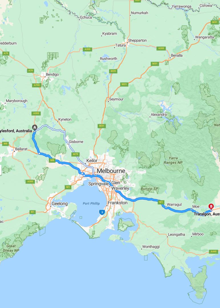 driving from Daylesford, Victoria to TraralgonVictoria - map and route