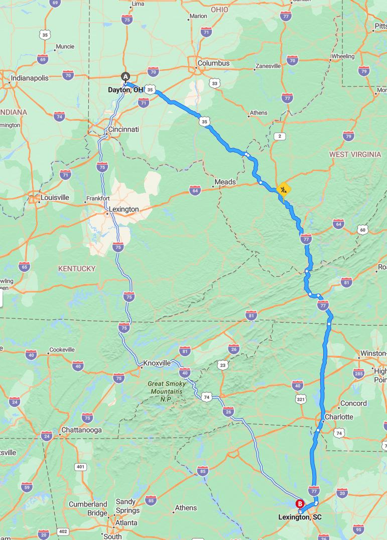 driving from Dayton, Ohio to LexingtonSouth Carolina - map and route