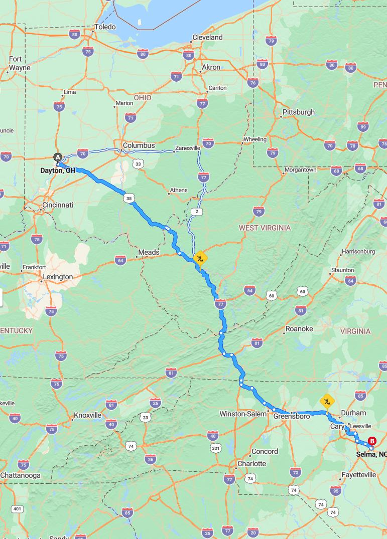 driving from Dayton, Ohio to SelmaNorth Carolina - map and route