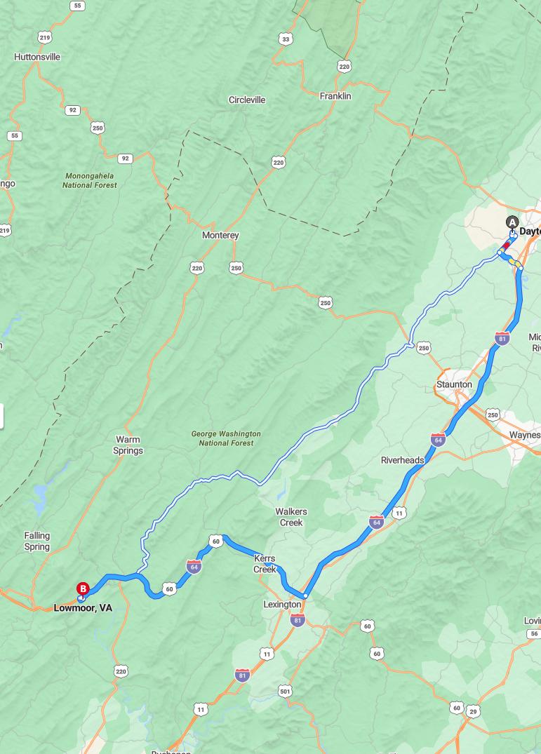 driving from Dayton, Virginia to Low MoorVirginia - map and route