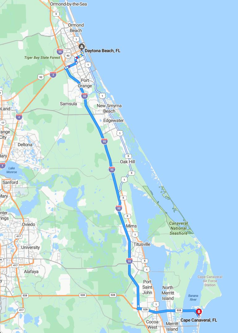 driving from Daytona Beach, Florida to Cape CanaveralFlorida - map and route