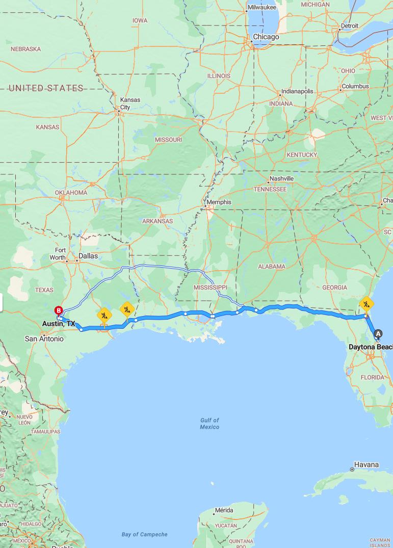 driving from Daytona, Florida to AustinTexas - map and route