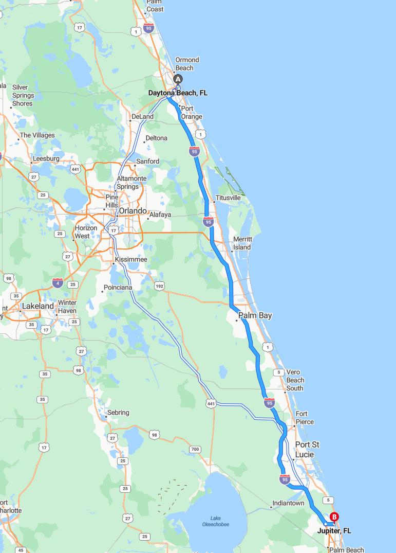 driving from Daytona, Florida to JupiterFlorida - map and route
