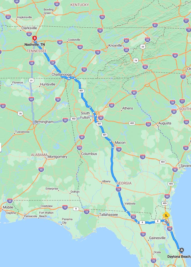 driving from Daytona, Florida to NashvilleTennessee - map and route