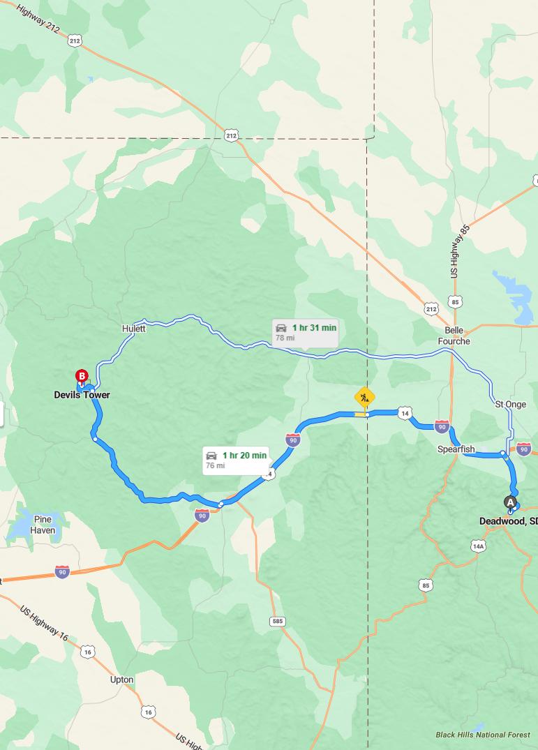 driving from Deadwood, South Dakota to Devils TowerWyoming - map and route