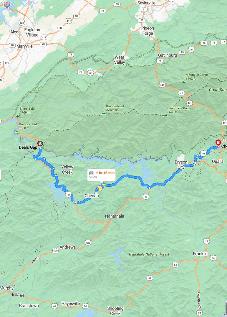 driving from Deals Gap, North Carolina to CherokeeNorth Carolina - map and route