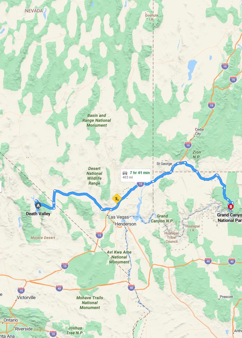 driving from Death Valley, California to Grand CanyonArizona - map and route