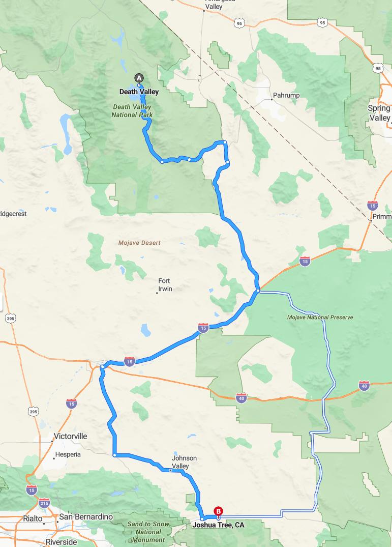 driving from Death Valley, California to Joshua TreeCalifornia - map and route