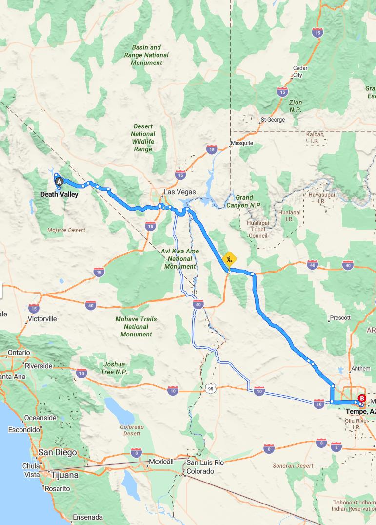 driving from Death Valley, California to TempeArizona - map and route