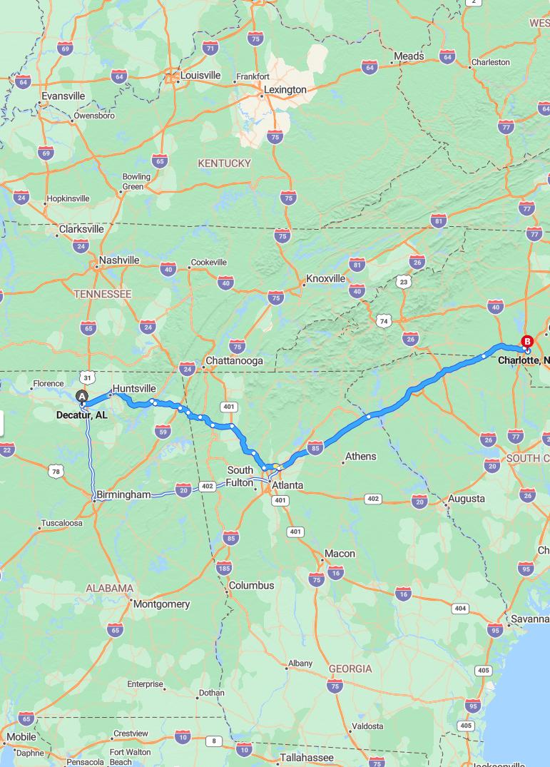 driving from Decatur, Alabama to CharlotteNorth Carolina - map and route