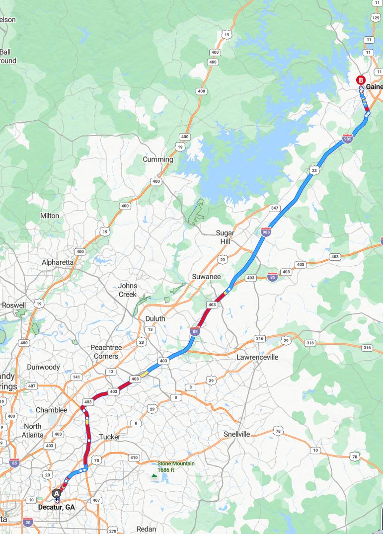 driving from Decatur, Georgia to GainesvilleGeorgia - map and route