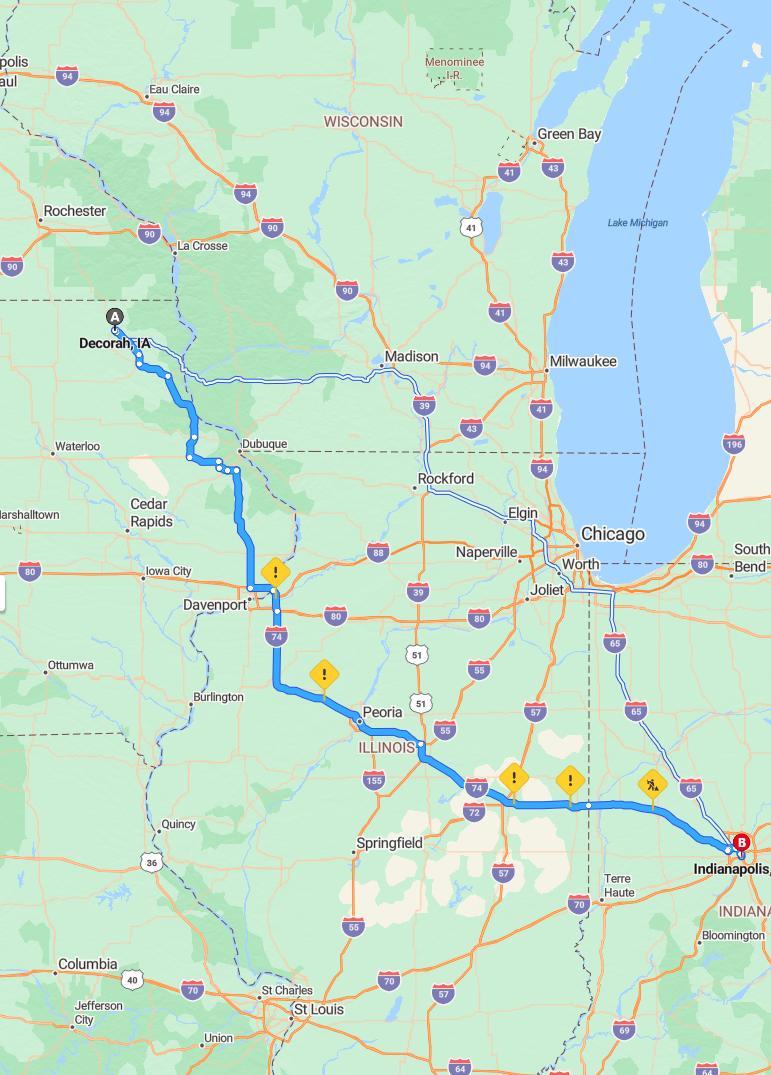 driving from Decorah, Iowa to IndianapolisIndiana - map and route