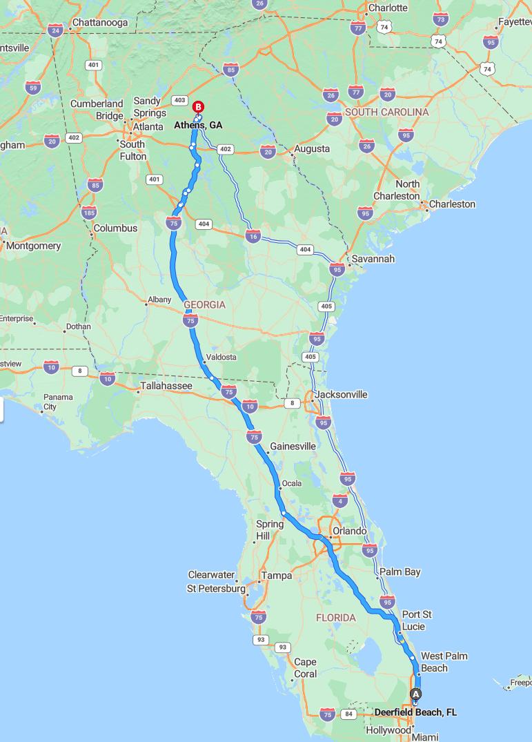 driving from Deerfield Beach, Florida to AthensGeorgia - map and route