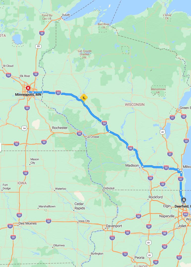 driving from Deerfield, Illinois to MinneapolisMinnesota - map and route