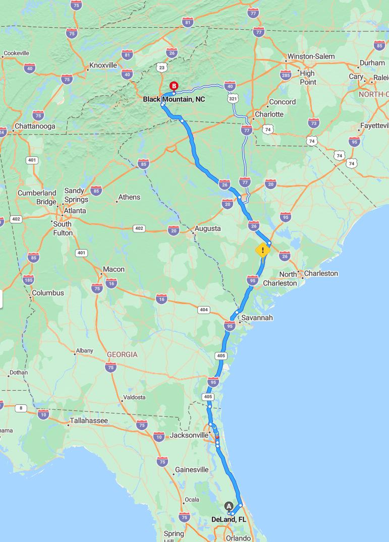 driving from Deland, Florida to Black MountainNorth Carolina - map and route