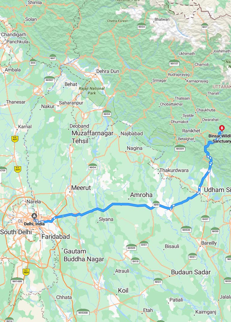 driving from Delhi, Delhi to BinsarUttarakhand - map and route
