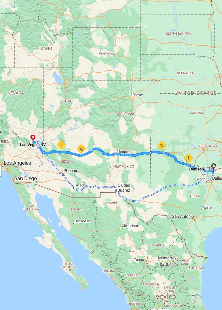 driving from Denison, Texas to Las VegasNevada - map and route