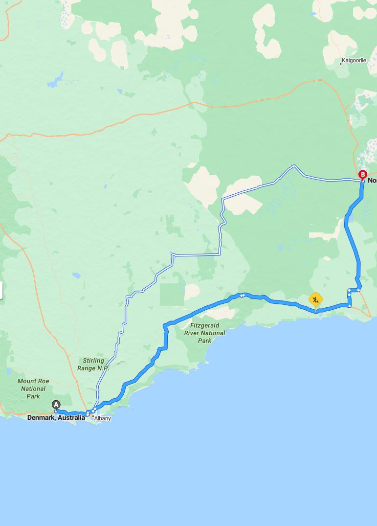 driving from Denmark, Western Australia to NorsemanWestern Australia - map and route
