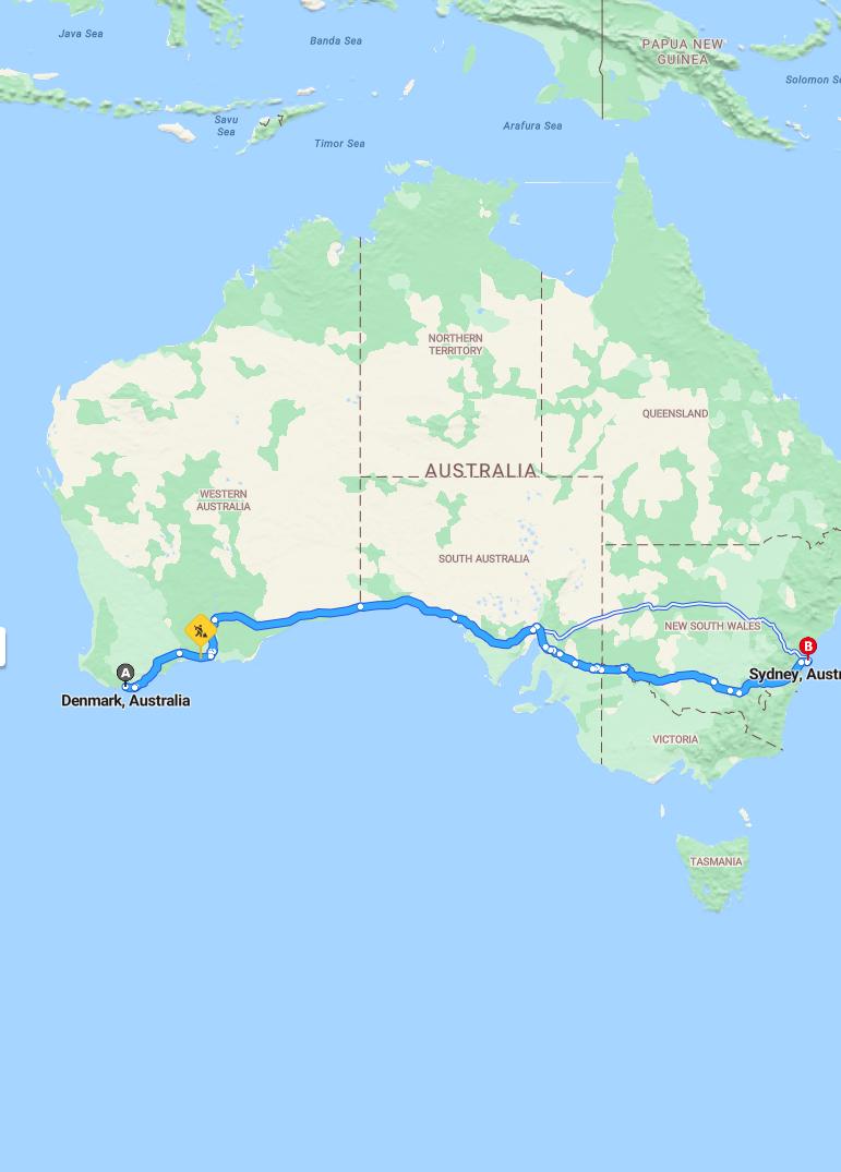 driving from Denmark, Western Australia to SydneyNew South Wales - map and route