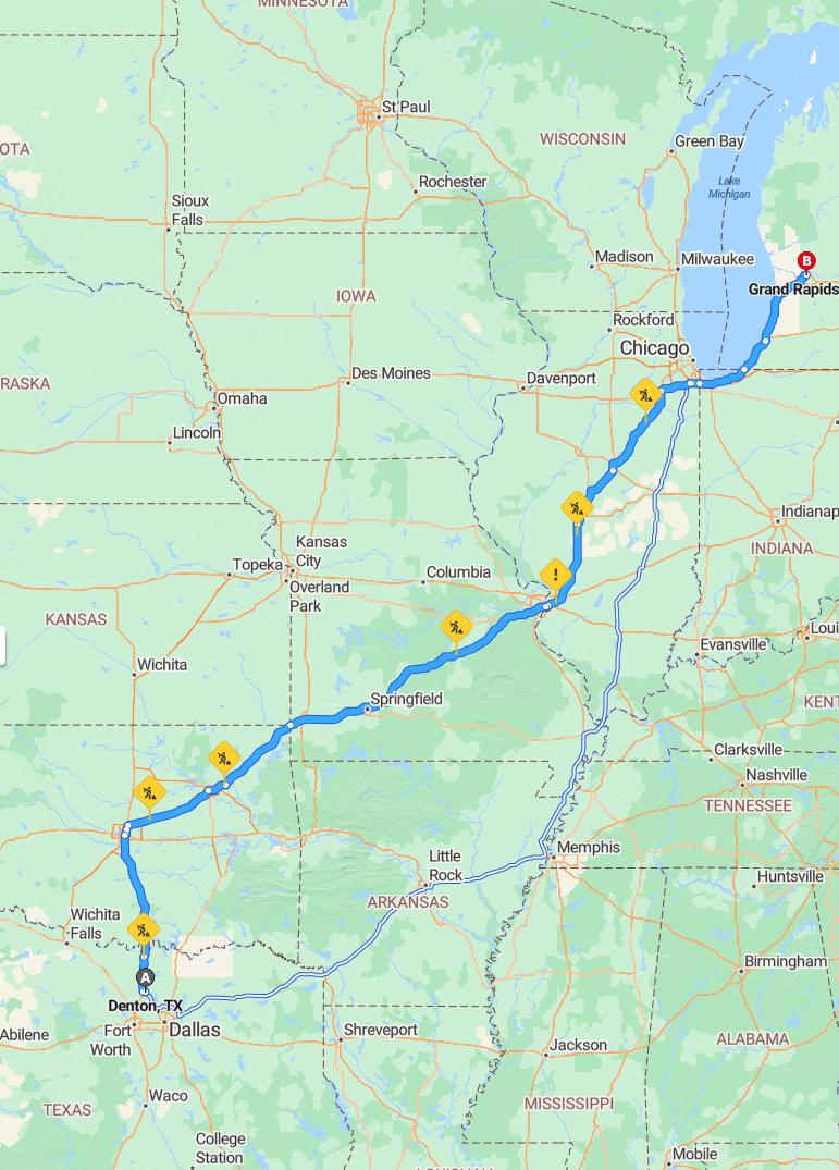 driving from Denton, Texas to Grand RapidsMichigan - map and route