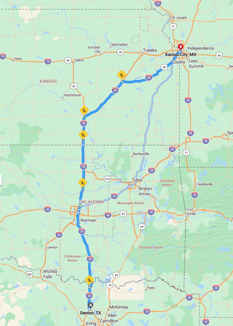 driving from Denton, Texas to Kansas CityMissouri - map and route